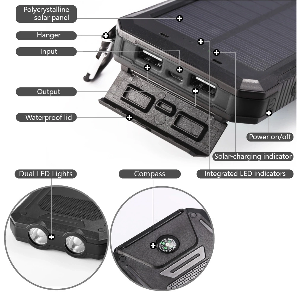 Waterproof Solar Power Bank 8000mAh Mobile Charger Portable Battery with LED Torch and Compass